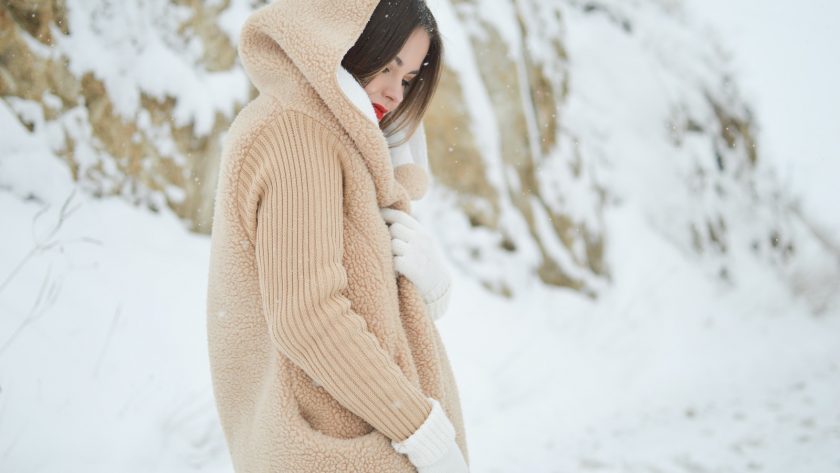 woman in brown corduroy hooded coat standing near brown boulder covered on snow at daytime